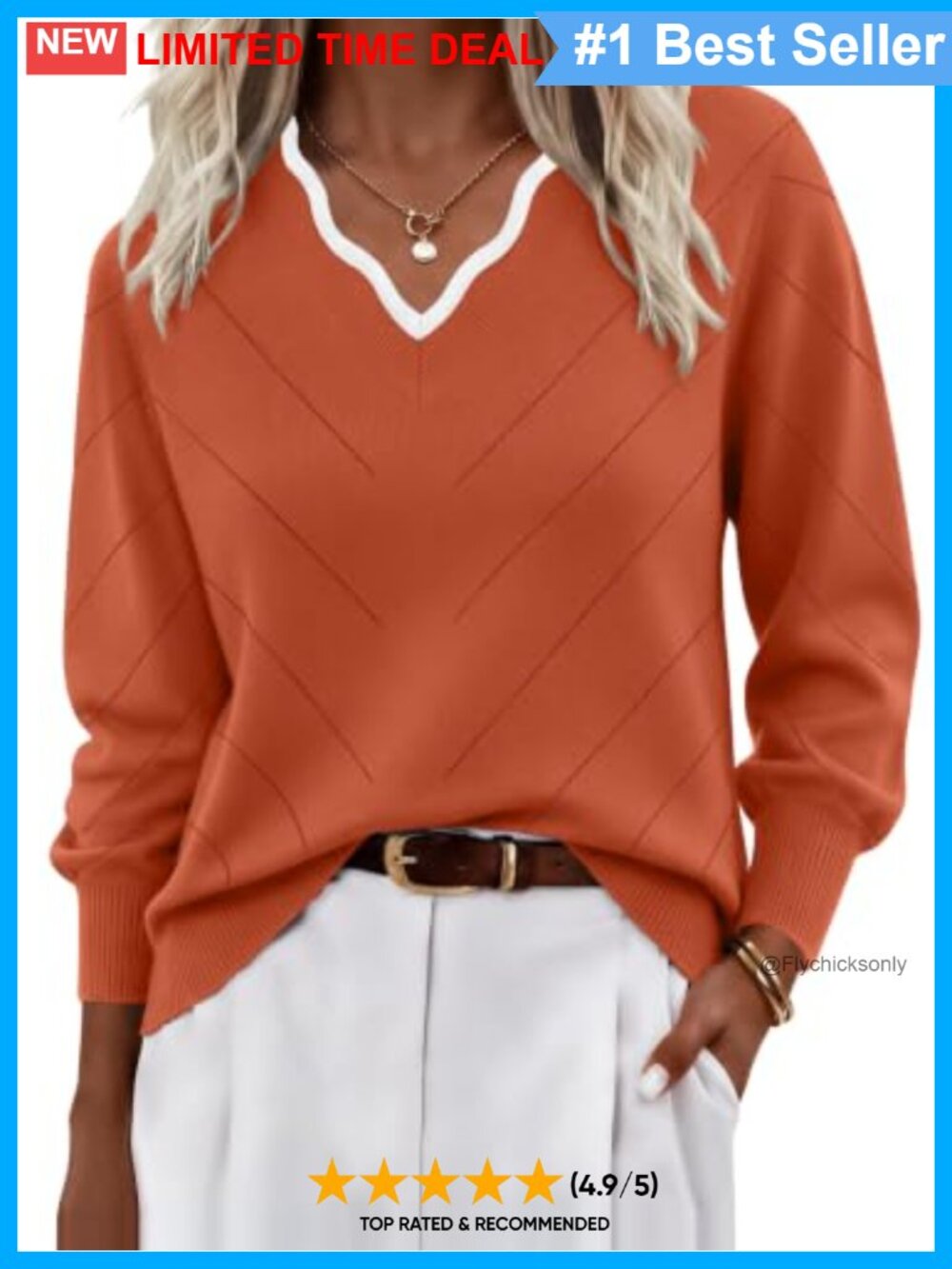 V-Neck Color Block Knit Sweater Hollow Out Long Sleeve Pullover